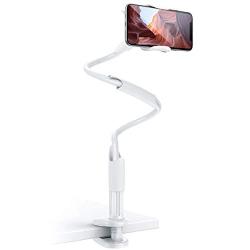 Phone Holder Bed Gooseneck Mount - Lamicall Flexible Arm 360 Mount Clip Bracket Clamp Stand for Cell Phone 11 Pro XS Max XR X 8 7 6 Plus 5 4, Galaxy S10 S9 S8 S7 S6, Overall Length 33.4In(White)