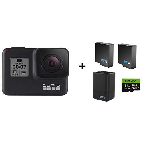 GoPro HERO7 Black Bundle Waterproof Digital Action Camera with Touch Screen (H7 Black + 2 Total Batteries + 64GB SD + Dual Battery Charger)