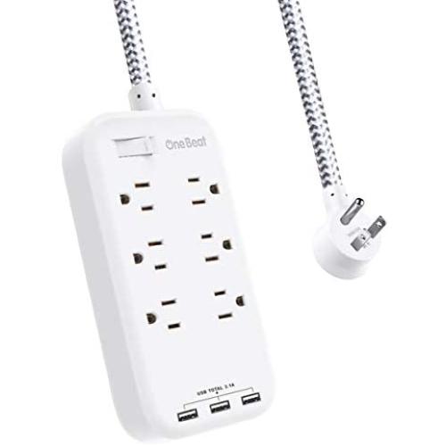 6 Outlets Power Strip Flat Plug with 3 USB Charing Ports (3.1A, 15W), 6Ft Braided Extension Cord, Wall Mountable Outlet Extender with Overload Protection Switch for Home Office Cruise Ship, White