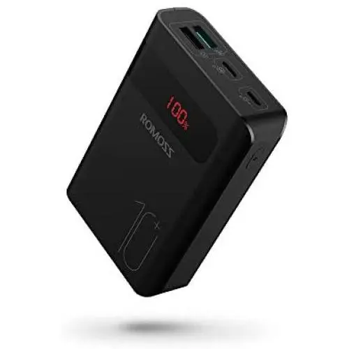 ROMOSS 10000mAh Power Bank Sense4ps+, 18W Fast Charge 3 Ouputs & 2 Inputs Portable Charger, Type-C Compact External Battery Pack Compatible for iPhone 11, iPhone Xs, Samsung S20 and More