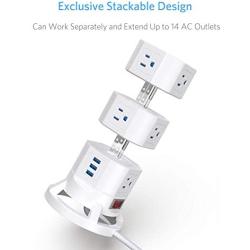 BESTEK 12 Outlets Power Strip Tower with 3 USB Ports Stackable Design Extend to 14 AC Outlets for PC Laptop Mobiles,6 Feet Extension Cord,White