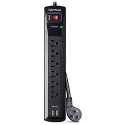 CyberPower CSP604U Professional Surge Protector, 1200J/125V, 6 Outlets, 2 USB Charge Ports, 4ft Power Cord, Black