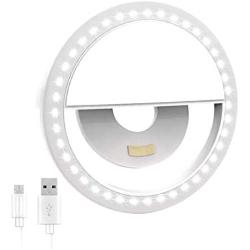 [New 2020] Clip on Selfie Ring Light for iPhone & Android [Rechargeable Battery] with LED Light for Smart Phone Camera Round Shape, White