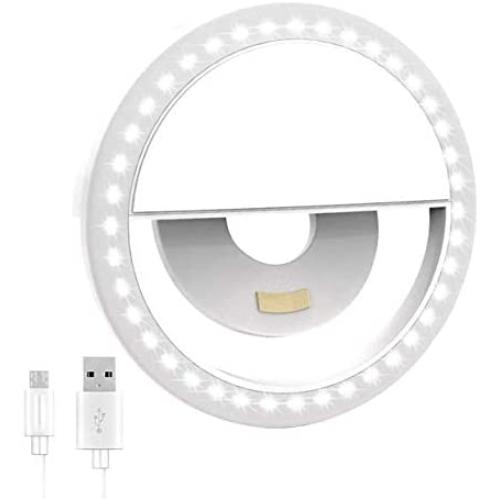 [New 2020] Clip on Selfie Ring Light for iPhone & Android [Rechargeable Battery] with LED Light for Smart Phone Camera Round Shape, White