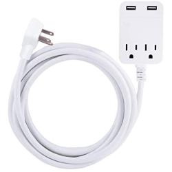 GE Pro USB Charging 12 Ft Extension Cord, Charging Station, Surge Protector Power Strip, Flat Plug, 3 prong, 2 Outlets, 2 USB Ports, 2.4 Amp, 12 Watt, 250 Joules, Wall Mount, UL Listed, White, 32089