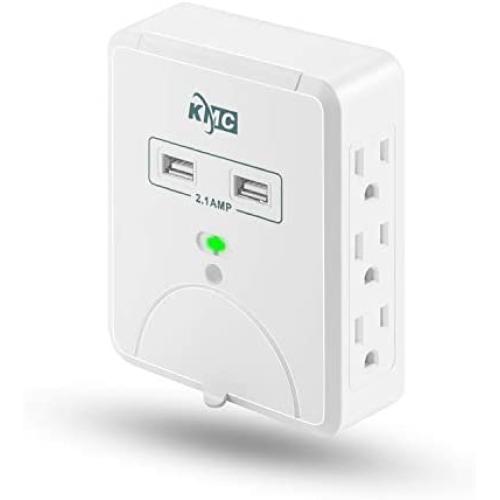 KMC Wall Surge Protector,6 Outlet Wall Mount Power Strip with 2 USB Charging Ports Total 2.4 AMP,Dual Slide-Out Smartphone Holders Design, Portable for Travel/Home/Office Use,ETL Certified