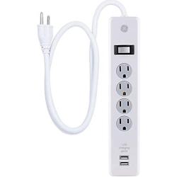 GE Surge Protector, 4 Outlet, 2 USB Charging Ports, 3 Ft Long Extension Cord, 1A USB Charging,, 450 Joules, White, 14090