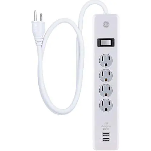 GE Surge Protector, 4 Outlet, 2 USB Charging Ports, 3 Ft Long Extension Cord, 1A USB Charging,, 450 Joules, White, 14090 GE Surge Protector, 4 Outlet, 2 USB Charging Ports, 3 Ft Long Extension Cord, 1A USB Charging,, 450 Joules, White, 14090