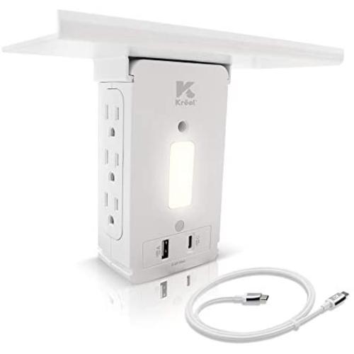 Krëel - Surge Protector Socket Shelf, Wall Multi Outlet Extender Shelf USB, Warm LED Night Light Sensor, 6 Outlet Plugs, 2 USB Quick Charger Ports 3.4A, Removable Built-In Shelf w/USB Cable Type C