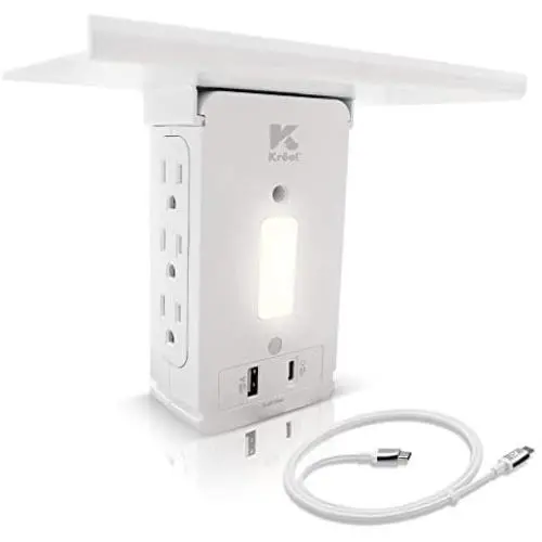 Krëel - Surge Protector Socket Shelf, Wall Multi Outlet Extender Shelf USB, Warm LED Night Light Sensor, 6 Outlet Plugs, 2 USB Quick Charger Ports 3.4A, Removable Built-In Shelf w/USB Cable Type C Krëel - Surge Protector Socket Shelf, Wall Multi Outlet Extender Shelf USB, Warm LED Night Light Sensor, 6 Outlet Plugs, 2 USB Quick Charger Ports 3.4A, Removable Built-In Shelf w/USB Cable Type C