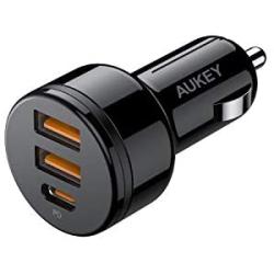 USB C Car Charger, AUKEY 36W 3-Port Fast Car Charger with 18W Quick Charge 3.0, 12V 3A PD Car Charger for iPhone 11 Pro Max XS XR X 8, AirPods, iPad, Samsung S20 Note 10, Google Pixel 4 4XL, Switch