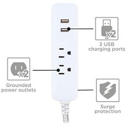 Cordinate Designer USB Charging Station Extension Cord, Power Strip Surge Protector, 2 Outlets, 2 USB Ports, Extra Long 10 ft Cable with Flat Plug, Braided Cord, 2.4A Fast Charge, Gray/White, 41691