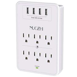 Multi Plug Outlet, Surge Protector, NUOZHI USB Wall Charger with 6-Outlet Extender and 4 USB Ports,1680 Joules, White, ETL Listed