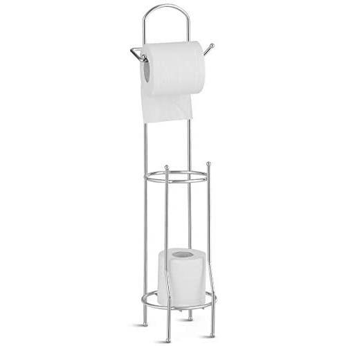 Tangkula Toilet Paper Holder Stand, Chrome Finish and Iron Framework, No Assembly Required, Free Standing Toilet Paper Roll Holder with Dispenser for Bathroom Storage (Silver)