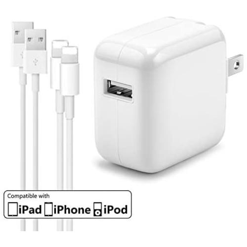 12W USB Charger for iPad, AISINI 2.4A 12W USB Wall Charger Foldable Portable Travel Plug and 2 Pack Fast Charging Cable (3FT) Compatible with iPhone, iPad