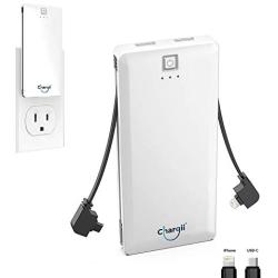 Chargii - Apple Power Bank - All-in-One Portable Charger - Cell Phone Battery Backup - Built-in Wall Plug AC Adapter, Apple & USB-C Cables - 2 USB Ports - 5000 mAH - White