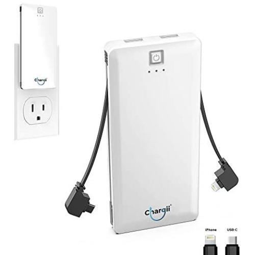 Chargii - Apple Power Bank - All-in-One Portable Charger - Cell Phone Battery Backup - Built-in Wall Plug AC Adapter, Apple & USB-C Cables - 2 USB Ports - 5000 mAH - White