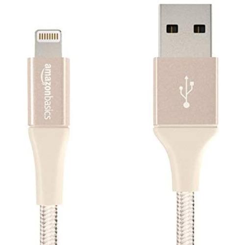 AmazonBasics Double Braided Nylon Lightning to USB Cable, Advanced Collection, MFi Certified Apple iPhone Charger, Gold, 4 Inch