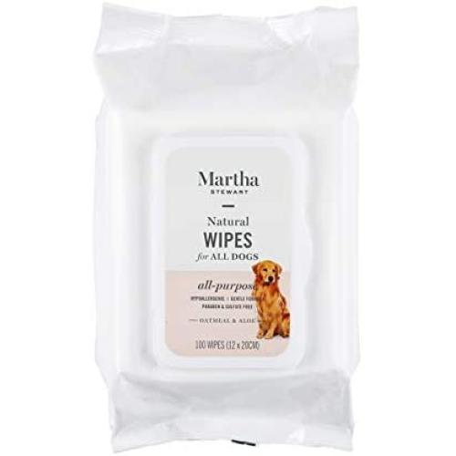 Martha Stewart for Pets Multipurpose Grooming Wipes for Dogs with Oatmeal and Aloe | Natural Hypoallergenic Dog Wipes, 100 Count | Soothing and Calming Oatmeal Dog Wipes