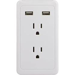 GE Surge Protector Charging Station, Wall Mount Adapter, Power Tap with Phone Holder Shelf, 2 Grounded Outlets, 2 USB Ports, LED Charging Status Indicator, 2.1A Fast Charge, 450 Joules, White, 13465