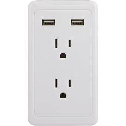 GE Surge Protector Charging Station, Wall Mount Adapter, Power Tap with Phone Holder Shelf, 2 Grounded Outlets, 2 USB Ports, LED Charging Status Indicator, 2.1A Fast Charge, 450 Joules, White, 13465