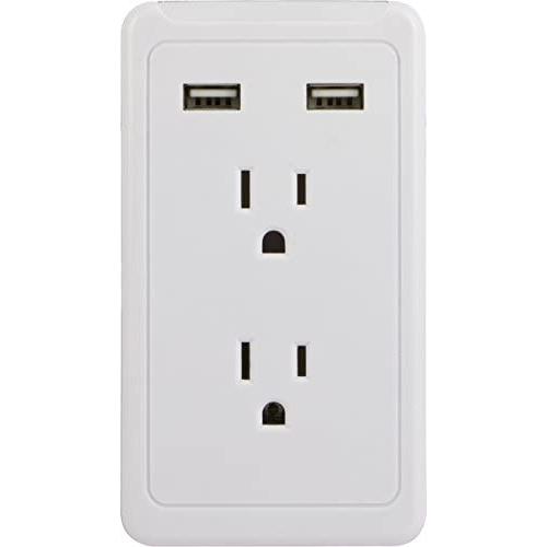 GE Surge Protector Charging Station, Wall Mount Adapter, Power Tap with Phone Holder Shelf, 2 Grounded Outlets, 2 USB Ports, LED Charging Status Indicator, 2.1A Fast Charge, 450 Joules, White, 13465