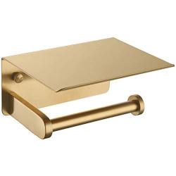 APLusee Toilet Paper Holder with Phone Shelf Brushed Gold, SUS 304 Stainless Steel Contemporary Tissue Roll Organizer Phone Storage Bathroom Accessories