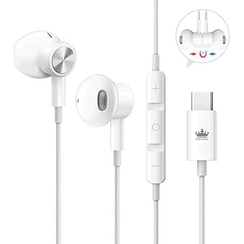 USB C Headphones,KINGONE Type C Earbuds USB C Earphones HiFi Stereo Magnetic with Mic & Volume Control Compatible with Google Pixel 3/2/XL,iPad Pro 2018,MacBook,Sony XZ2 Pro,Samsung S9 (White)