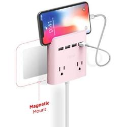 Multi Plug Outlet Extender & Splitter: iHome PowerReach 6ft Extension Cord with 2 Outlets & 4 USB Ports for Multiple Smartphone Charging - Desktop/Magnetic Wall Mounting Charger (Pink)