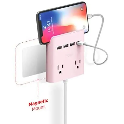 Multi Plug Outlet Extender & Splitter: iHome PowerReach 6ft Extension Cord with 2 Outlets & 4 USB Ports for Multiple Smartphone Charging - Desktop/Magnetic Wall Mounting Charger (Pink) Multi Plug Outlet Extender & Splitter: iHome PowerReach 6ft Extension Cord with 2 Outlets & 4 USB Ports for Multiple Smartphone Charging - Desktop/Magnetic Wall Mounting Charger (Pink)