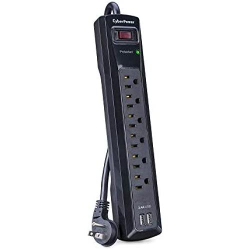 CyberPower CSP604U Professional Surge Protector, 1200J/125V, 6 Outlets, 2 USB Charge Ports, 4ft Power Cord, Black