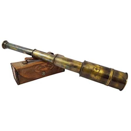 Brass Nautical - Premium Quality Brass Captains Telescope with Glass Optics and High Magnification. A Vintage Replica in Leather Case 16"