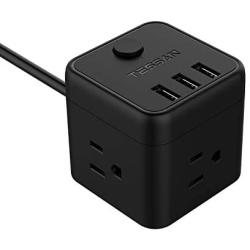 Power Strip Cube with 3 USB 3 Outlets, TESSAN Portable Desktop Charging Station with 5 Ft Extension Cord for Travel Cruise Ship, Home, Office, Dorm Room Essentials - Black