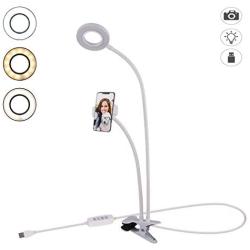 Tranesca Selfie Ring Light with Cell Phone Holder Stand for Live Stream/Makeup, LED Camera Lighting [3-Light Mode] with Flexible Arms Compatible with iPhone 8 7 6 Plus X Android (White)