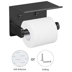 VAEHOLD Self Adhesive Toilet Paper Holder with Phone Shelf SUS 304 Stainless Steel Wall Mounted Toilet Paper Roll Holder - Rustproof and Bathroom Washroom Tissue Roll Holder with Shelf - Black