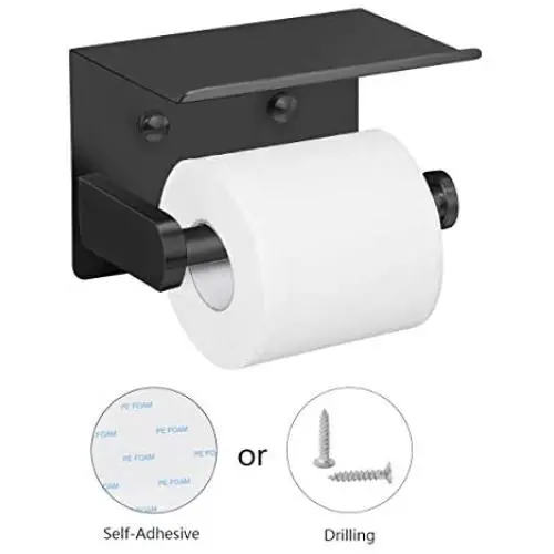 VAEHOLD Self Adhesive Toilet Paper Holder with Phone Shelf SUS 304 Stainless Steel Wall Mounted Toilet Paper Roll Holder - Rustproof and Bathroom Washroom Tissue Roll Holder with Shelf - Black VAEHOLD Self Adhesive Toilet Paper Holder with Phone Shelf SUS 304 Stainless Steel Wall Mounted Toilet Paper Roll Holder - Rustproof and Bathroom Washroom Tissue Roll Holder with Shelf - Black
