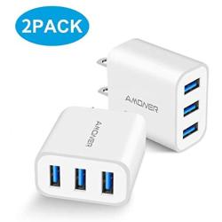 Wall Charger, Amoner Upgraded 2Pack 15W 3-Port USB Plug Cube Portable Wall Charger Plug for iPhone Xs/XS Max/XR/X/8/7/6/Plus, iPad Pro/Air 2/Mini 2, Galaxy9/8/7, Note9/8, LG, Nexus and More