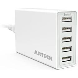 Arteck 40W 5-Port 8A High Speed Multiple USB Charger with Smart Technology for iPhone 11, 11 Pro, 11 Pro Max, SE, Xs Max, Xs, Xr, X, 8, 8 Plus, 7s, 7, 6, iPad, Samsung and Other Smartphone, Tablet