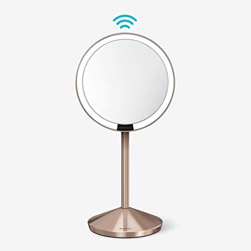 simplehuman 5" Round Mini Travel Sensor Makeup Mirror, 10x Magnification, Rechargeable, Rose Gold Stainless Steel