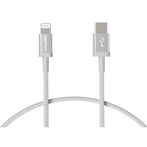 AmazonBasics Nylon Braided USB-C to Lightning Cable, Apple MFi Certified Charger for iPhone 11 Pro/11 Pro Max - Silver, 1-Foot