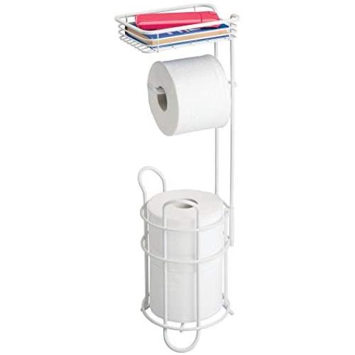 mDesign Freestanding Metal Wire Toilet Paper Roll Holder Stand and Dispenser with Storage Shelf for Cell, Mobile Phone - Bathroom Storage Organization - Holds 3 Mega Rolls - Matte White