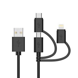 Apple MFI Certified 3-in-1 Cable, Lightning/Type C/Micro USB Cable for iPhone, iPad, Huawei, HTC, LG, Samsung Galaxy, Sony Xperia, Android Smartphones, iPad Pro 2018 and More 3 in 1 Black(3FT)