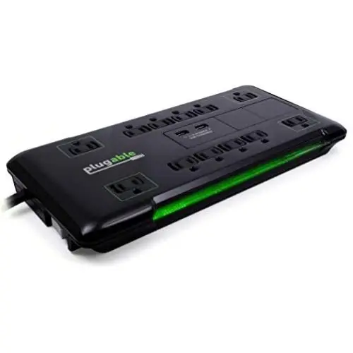Plugable Surge Protector Power Strip with USB and 12 AC Outlets, Built-in 10.5W 2-Port USB Charger for Android, Apple iOS, and Windows Mobile Devices, 25 Foot Extension Cord