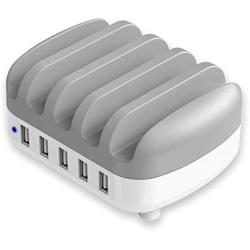 HOPEROAD 5- Port Charging Station for Multiple Devices, iPhone Docking Station for iPhone, Samsung, Cell Phone, iPad, and Other Electronics, Compatible USB Charging Station (White)