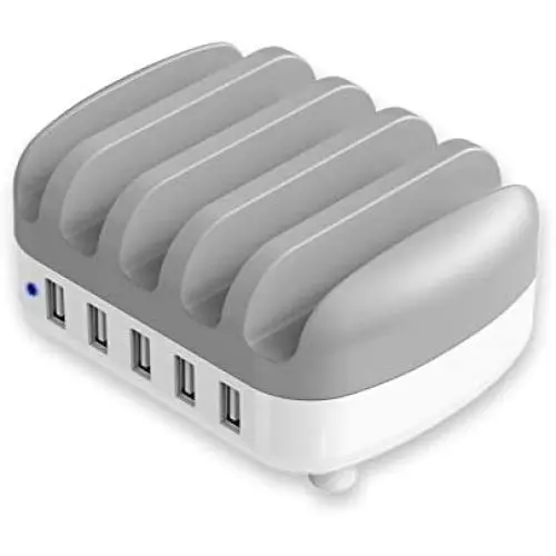 HOPEROAD 5- Port Charging Station for Multiple Devices, iPhone Docking Station for iPhone, Samsung, Cell Phone, iPad, and Other Electronics, Compatible USB Charging Station (White) HOPEROAD 5- Port Charging Station for Multiple Devices, iPhone Docking Station for iPhone, Samsung, Cell Phone, iPad, and Other Electronics, Compatible USB Charging Station (White)