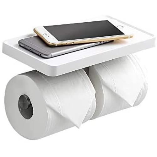 crw Double Toilet Paper Holder White Bathroom Tissue Roller Hanger with Cell Mobile Phone Shelf Wall Mounted