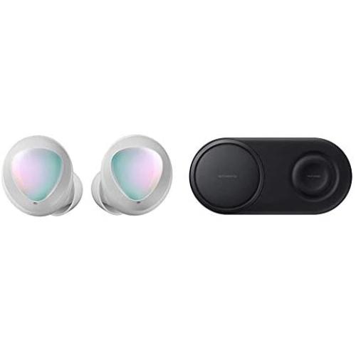 Samsung Galaxy Buds, Bluetooth True Wireless Earbuds (Wireless Charging Case Included), Silver & Wireless Charger Duo Pad, Fast Charge 2.0 - Black