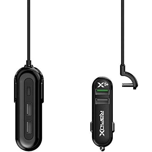 RapidX RXX5USBBOBPL X5 Plus Car Charger 5 USB Ports QC 3.0/Type CBlack on Black