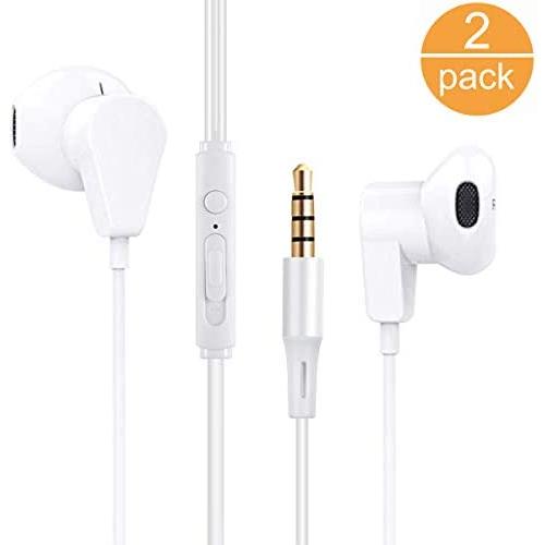 2 Pack Earphones with Microphone Volume Control, Wired Earbuds Headphones Headsets Noise Isolating Deep Bass 3.5mm Plug Compatible with Most Smartphones.Tablets.Laptops(White 2pack)