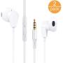 2 Pack Earphones with Microphone Volume Control, Wired Earbuds Headphones Headsets Noise Isolating Deep Bass 3.5mm Plug Compatible with Most Smartphones.Tablets.Laptops(White 2pack)